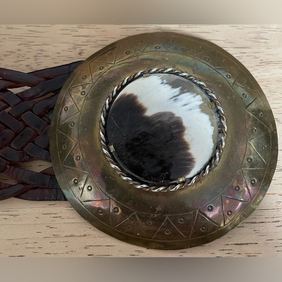 Vintage Braided Leather Belt With Brass With Stone In Middle  Made In Morraco 41 - Picture 4 of 5